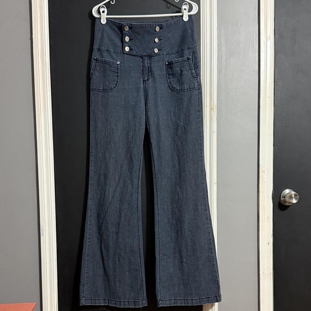 Younique Dark Blue High-Waist Wide-Leg Jeans with Button Yoke